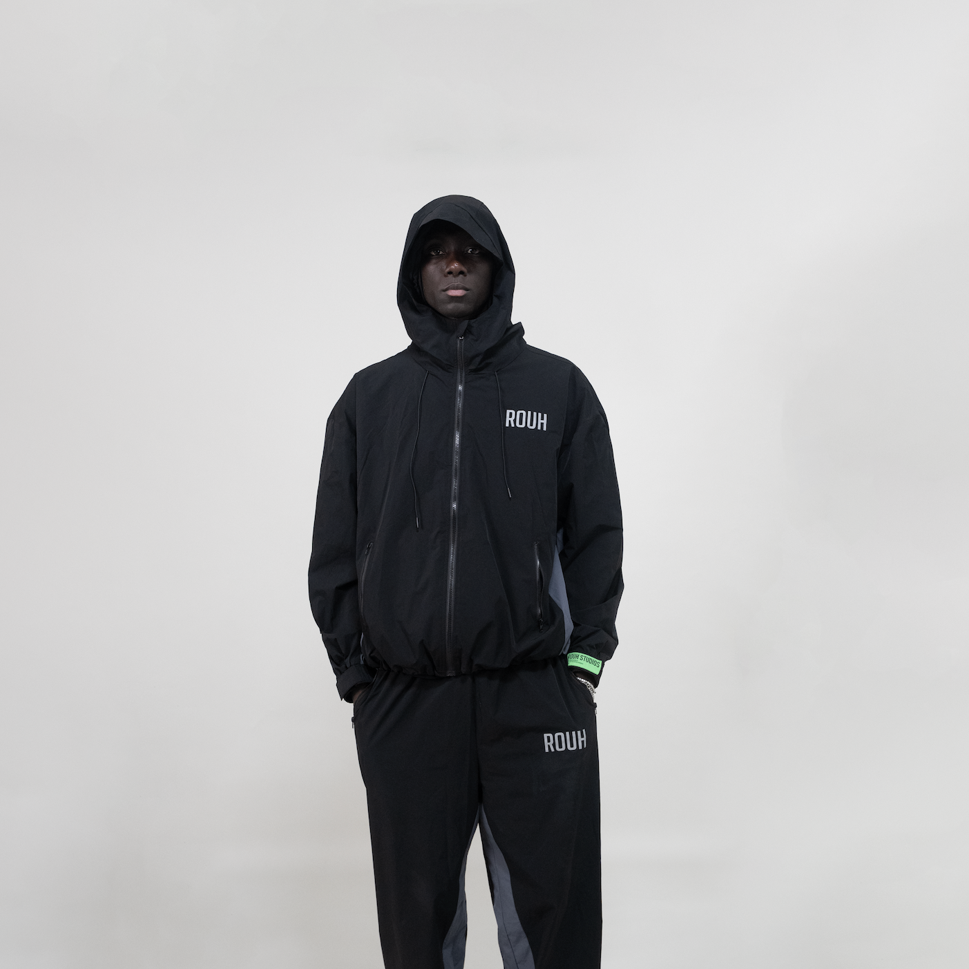 ROUH - NYLON PANELLED TRACK BOTTOMS - BLACK GREY