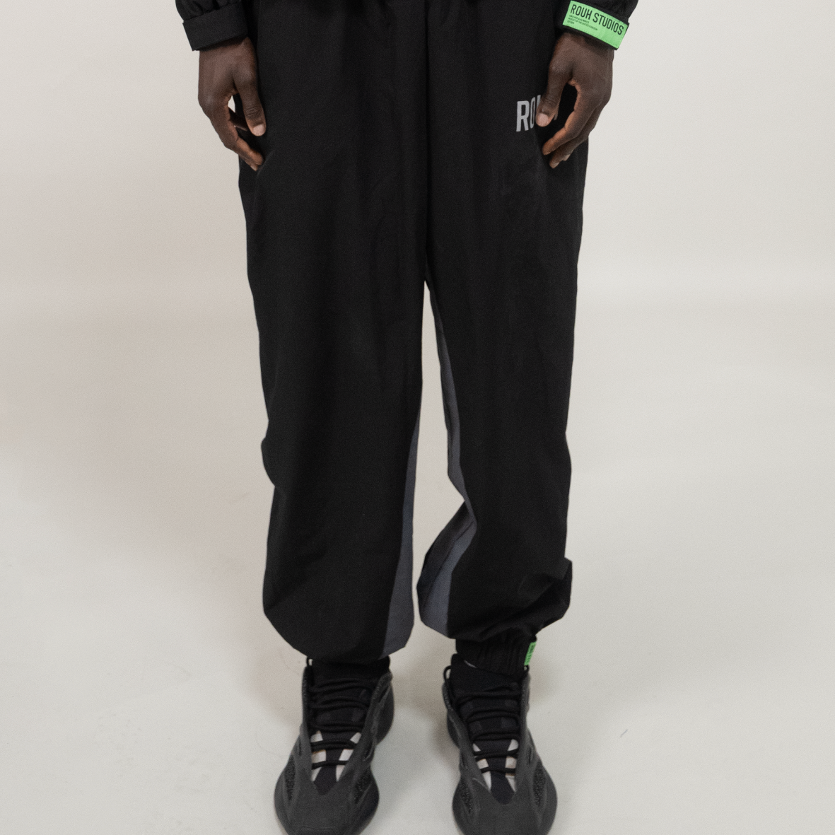 ROUH - NYLON PANELLED TRACK BOTTOMS - BLACK GREY