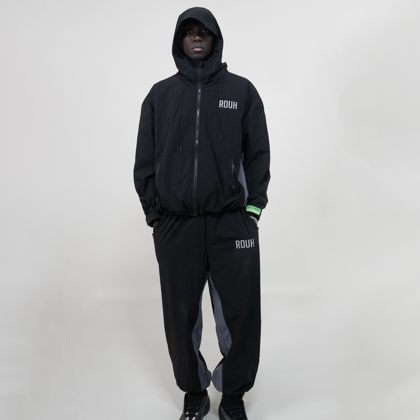 ROUH - NYLON PANELLED TRACK JACKET - BLACK GREY