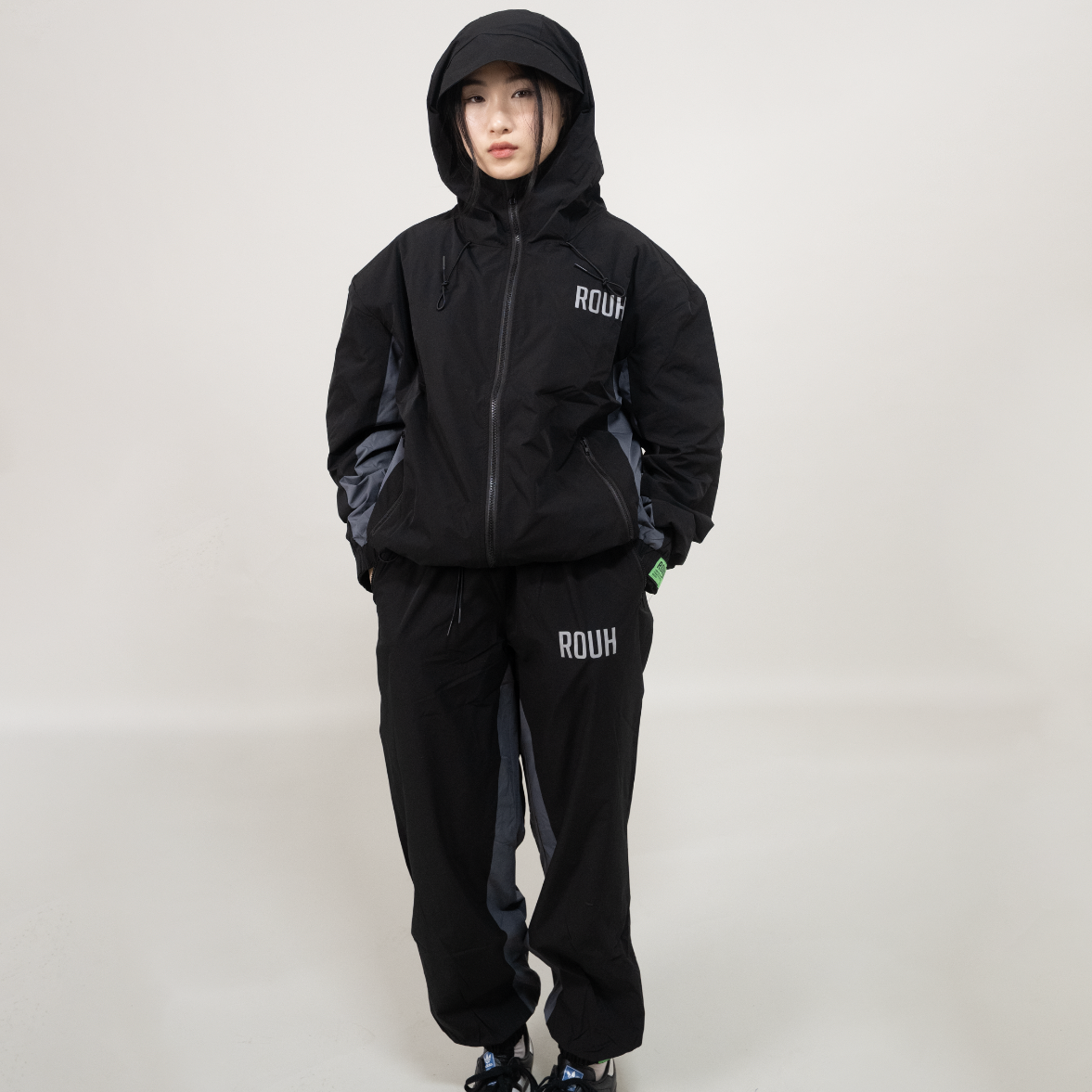 ROUH - NYLON PANELLED TRACK JACKET - BLACK GREY
